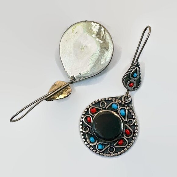 Black Earrings, Agate Aqeeq Stone, Afghan, Middle Eastern, Boho, Kuchi, Vintage - Picture 3 of 3